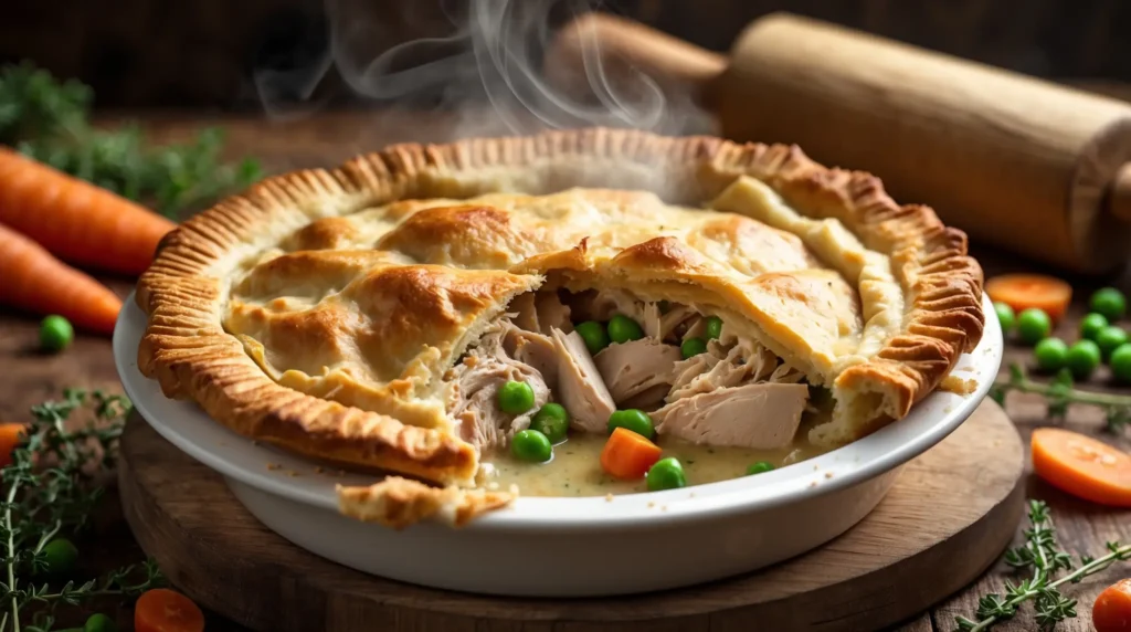 Golden chicken pot pie recipe fresh out of the oven with a flaky crust