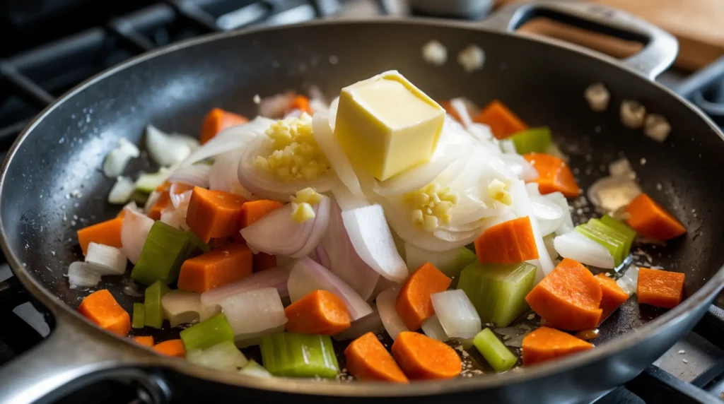 Step-by-step process of making chicken pot pie, from rolling dough to baking