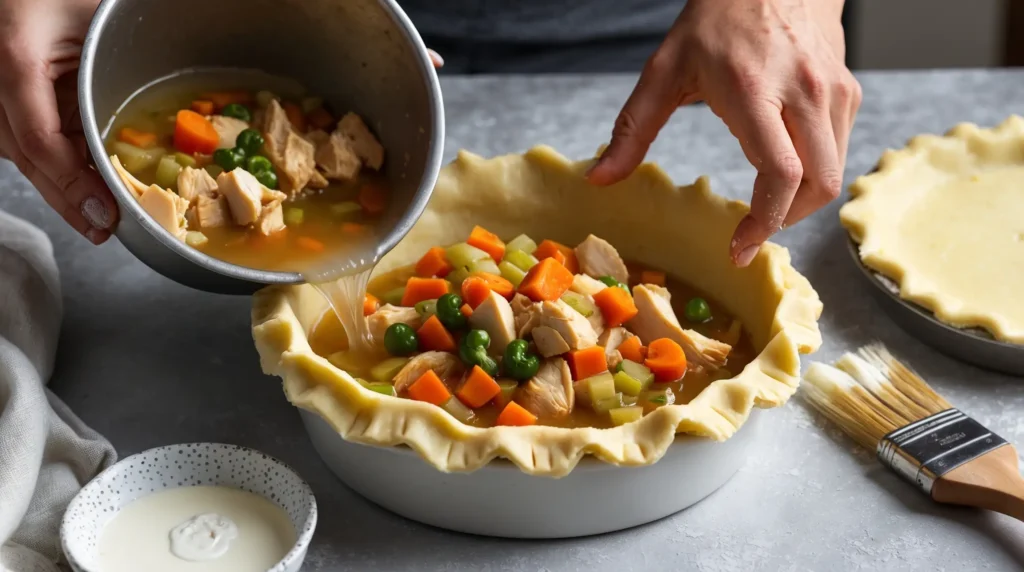 Step-by-step process of making chicken pot pie, from rolling dough to baking