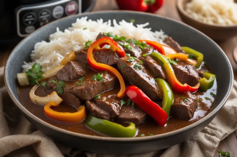 Make the best Slow Cooker Pepper Steak at home with this easy recipe! Tender beef, crisp peppers, and savory gravy make this dish a family favorite. Perfect over rice or noodles!